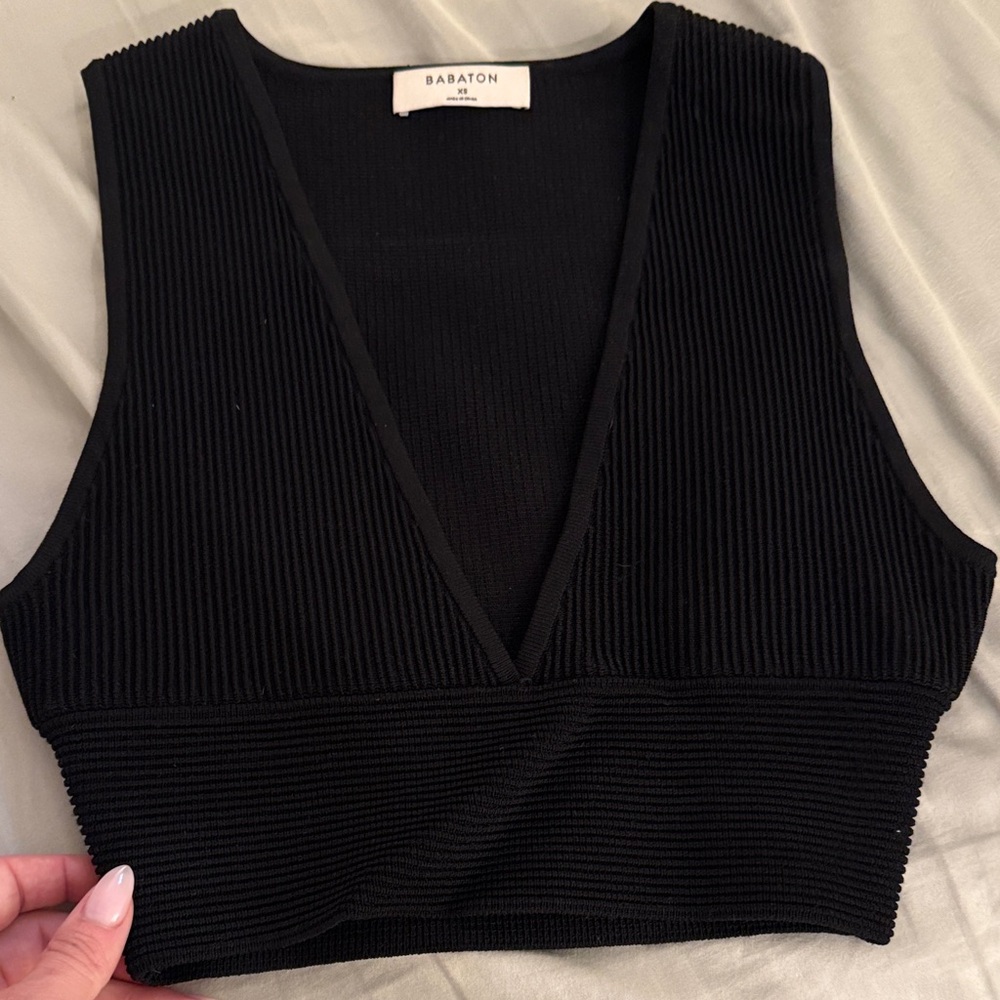 Aritzia Babaton Black Ribbed Deep V Tank
